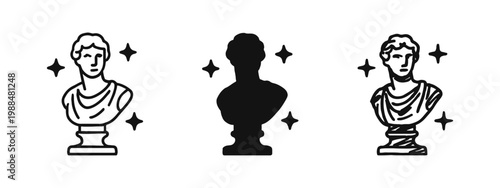 Ancient Greek bust statue icon set in outline, solid, and hand-drawn styles