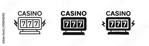 Casino slot machine 777 icon set in outline, solid, and hand-drawn styles