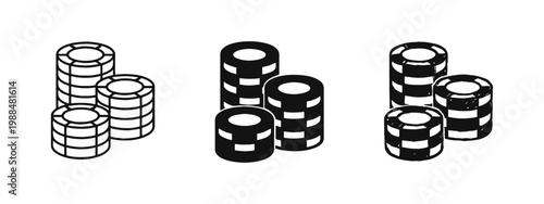 Casino chips stack icon set in outline, solid, and hand-drawn styles