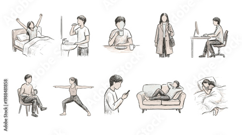 Daily Routine Activities Illustration Set: Waking Up Hygiene Work Relaxation