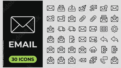 Email Web Icon Set in Line Style. Collection of E-mail and Letter Linear Icons, Including mail, envelope, email, postal, letter sent, inbox, new message, reply and forward message and more. Editable S