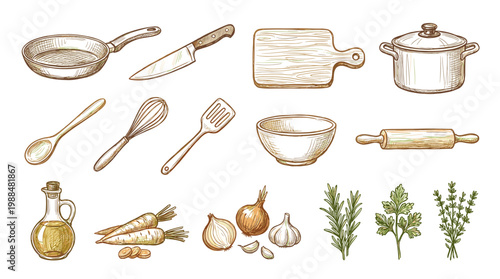 Kitchen Utensils Food Ingredients Collection Engraving Vector Sketch Set 