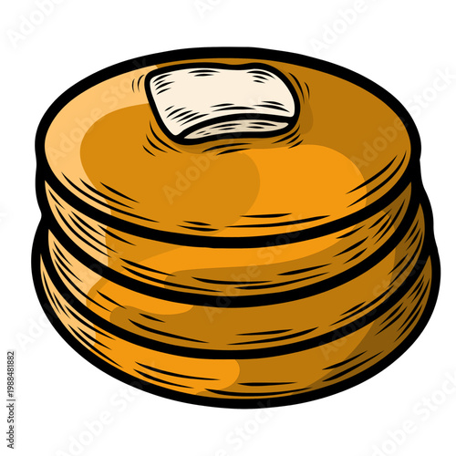 Stack of pancakes with butter breakfast food sketch for cafe and brunch. Vector illustration