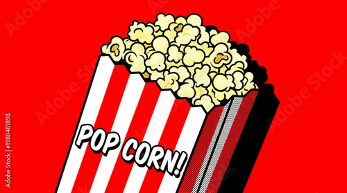 Vibrant Popcorn Box on Red Background - Retro Comic Style Illustration
