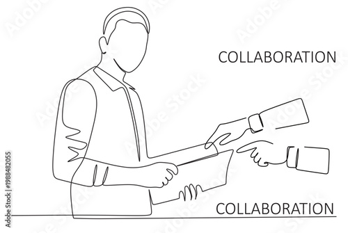 A continuous line drawing of a businessman holding a book or document and preparing to give directions and collaborate. A flowing, continuous single line vector drawing on a white background.