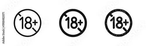 Adult 18 plus age restriction icon set in outline, solid, and hand-drawn styles