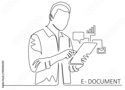 A continuous line drawing of a businessman interacting with a digital device. Data or performance analysis. Communication or feedback. A single, flowing, continuous line vector image