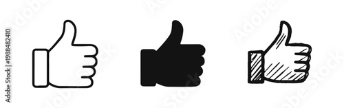 Thumbs Up Icon Set for Like Approval and Positive Feedback in Outline Solid and Hand Drawn Sketch Styles