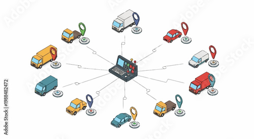 Vehicles and a laptop with location tracking.
