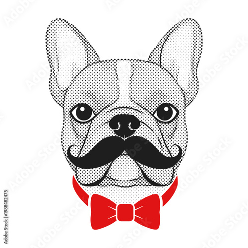 French Bulldog with Mustache and Red Bow Tie Dotted Vector Illustration