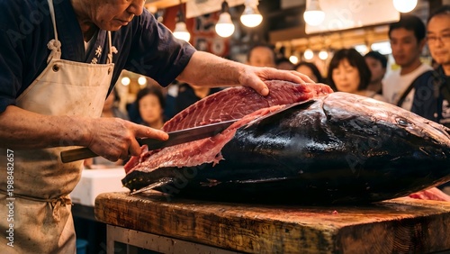 A skilled Japanese fishmonger meticulously carves a massive bluefin tuna on a wooden cutting board at a bustling fish market, with onlookers observing the process.