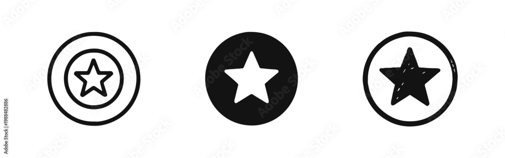 Fototapeta premium Circle Star Icon Set for Favorites Bookmarks and Best Quality Rating in Outline Solid and Hand Drawn Styles