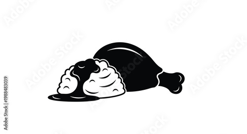 A black and white illustration depicts a chicken leg with dripping sauce showcasing a simple design