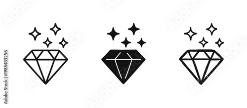 Diamond Icon Set with Sparkles for Luxury Quality and Wealth Symbol in Outline Solid and Doodle Styles