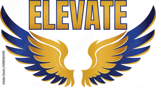 Elevate motivational logo with gold and blue wings vector.