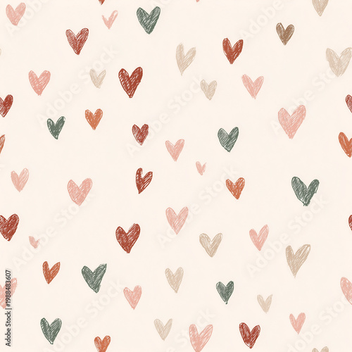 Seamless pattern of hand-drawn hearts in soft pastel tones on a light background; playful minimalist style for wrapping, textiles, stationery, branding, and romantic design projects