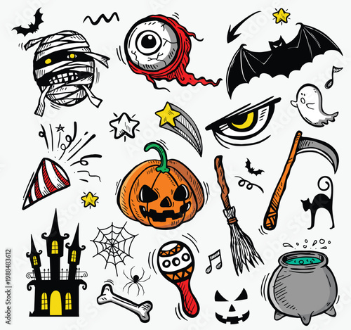 Set of Halloween elements Doodle style vector design Illustration Isolated on white