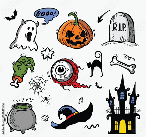 Set of Halloween elements Doodle style vector design Illustration Isolated on white