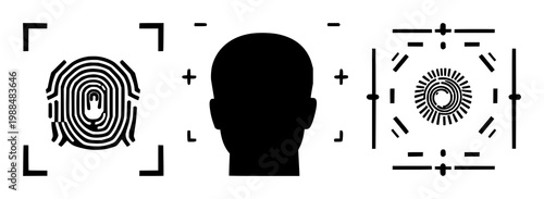 Facial recognition icon set with solid black pictogram on white background featuring facial scan, biometric identification, iconography with security and digital