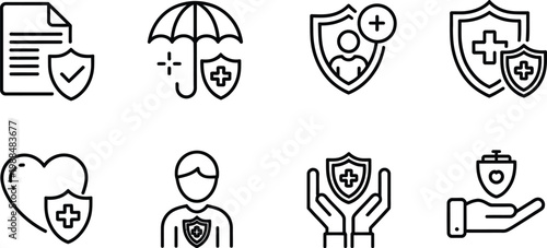 Health Care and Life Insurance Icon Set Vector Illustration, Safety, Protection, and Assurance Symbols Featuring People for Medical, Healthcare, and Insurance Design
