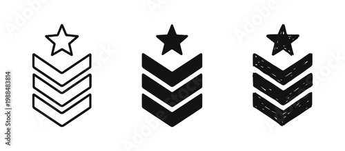 Military Rank Chevron with Star Icon Set, Command Symbols in Outline, Solid, and Hand-Drawn Styles