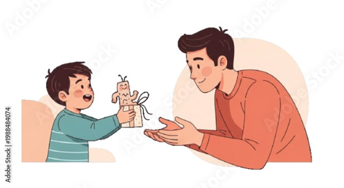 Son giving handmade gift to father, heartwarming moment, expressive characters, soft illustration palette vector EPS vector icon