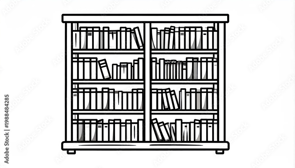 Fototapeta premium Simple Line Drawing of a Full Bookshelf.