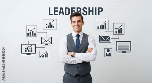 Confident businessman standing in front of leadership concept with graphs and charts on white background