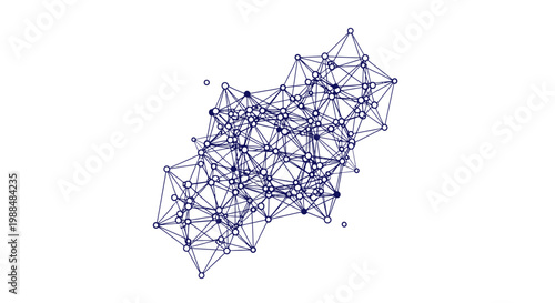 Abstract geometric network with interconnected nodes and lines, representing data, technology, and global connections on a white background.