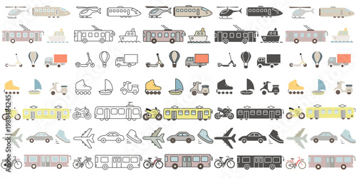 Transportation. A collection of transportation icons in various styles.