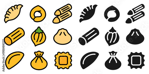 A set of icons featuring dumplings and Asian cuisine in a line art and silhouette style.