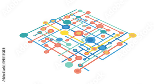 Abstract network of colorful nodes and lines representing connection, data, technology, and communication