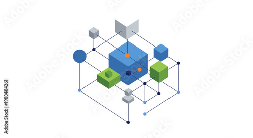 Abstract 3D geometric shapes connected by lines, representing data, network, or technology concept