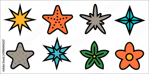 A colorful set of icons featuring stars, flowers, reviews, and bookmarks.