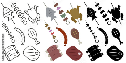 Grilled meat. Icons for all things grilling, featuring thin lines. Grilled meat in various styles.