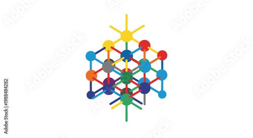 Abstract colorful geometric structure made of connected dots and lines on a white background.