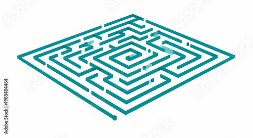 Abstract teal maze or labyrinth on white background, representing complexity, challenge, and problem-solving