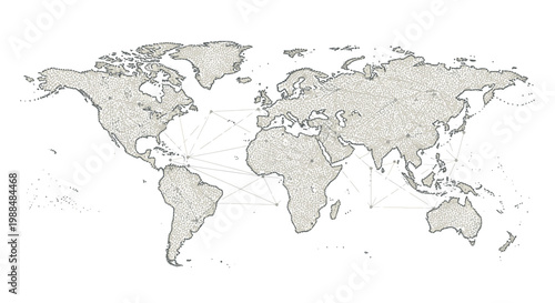 Stylized world map with interconnected lines representing global connections, travel, and communication networks
