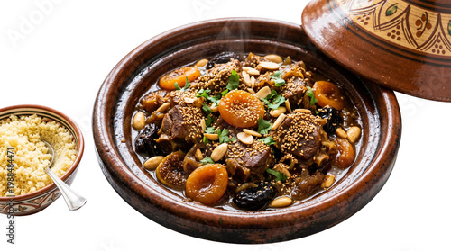 Aromatic lamb tagine blending sweet dried fruits and savory spices topped with sesame seeds on a clean white background  
