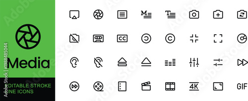 Comprehensive set of editable stroke line icons for media playback, video editing, audio controls, and user interface design elements, ideal for digital applications