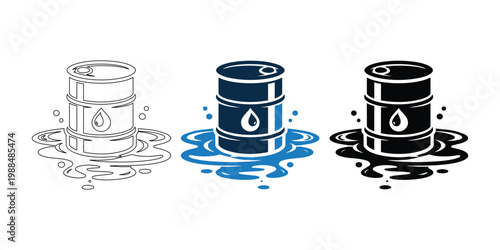 Floating Oil Barrel Icon Set – Petroleum Spill and Energy Industry Vector Collection