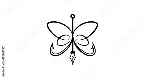 Abstract black butterfly icon with fish hooks and pen nib