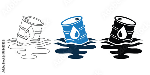 Oil Spill Barrel Icon Set – Environmental Pollution and Hazard Vector Collection