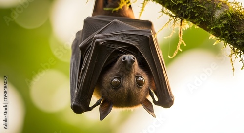 Macro Portrait of a Cute Fruit Bat Hanging from a Tree Branch