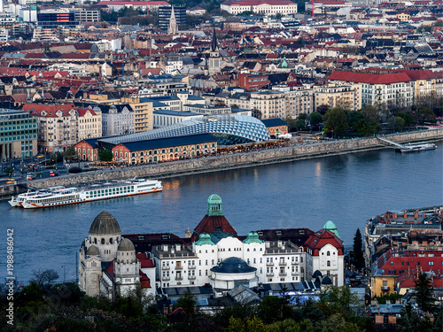 Budapest cityscape with Gellért Hotel, Gellért Szálló, Danube River and Bálna Budapest in Budapest Hungary urban riverside panorama.