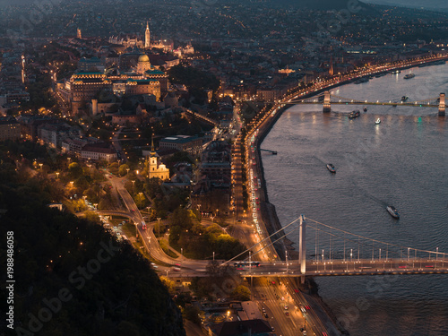 Budapest night cityscape with Buda Castle, Budai Vár, Chain Bridge, Széchenyi Lánchíd and Erzsébet Bridge over Danube in Hungary.