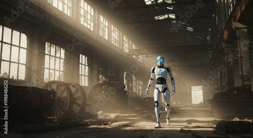 Advanced humanoid automaton walks through abandoned industrial facility bathed in bright sunlight
