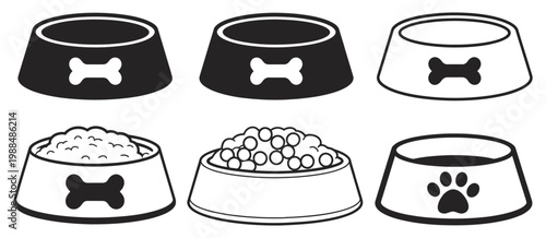Pet food bowl icon black with bone and outline kibble bowl vector illustration EPS 10, simple flat and line style isolated design