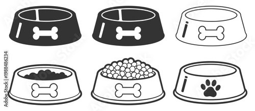 Pet food bowl icon black with bone and outline kibble bowl vector illustration EPS 10, simple flat and line style isolated design