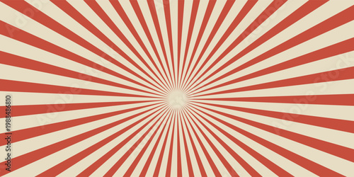 Circus vintage tent background. Retro sun rays pattern. Vintage starburst poster. Star burst radial lines texture. Red stripes. Circus, carnival, summer fair backdrop. Vector illustration.
